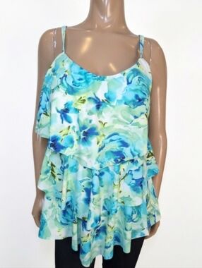 Peter Nygard Floral Tiered Tankini Top Blue Green Watercolor Swim Plus Size 16